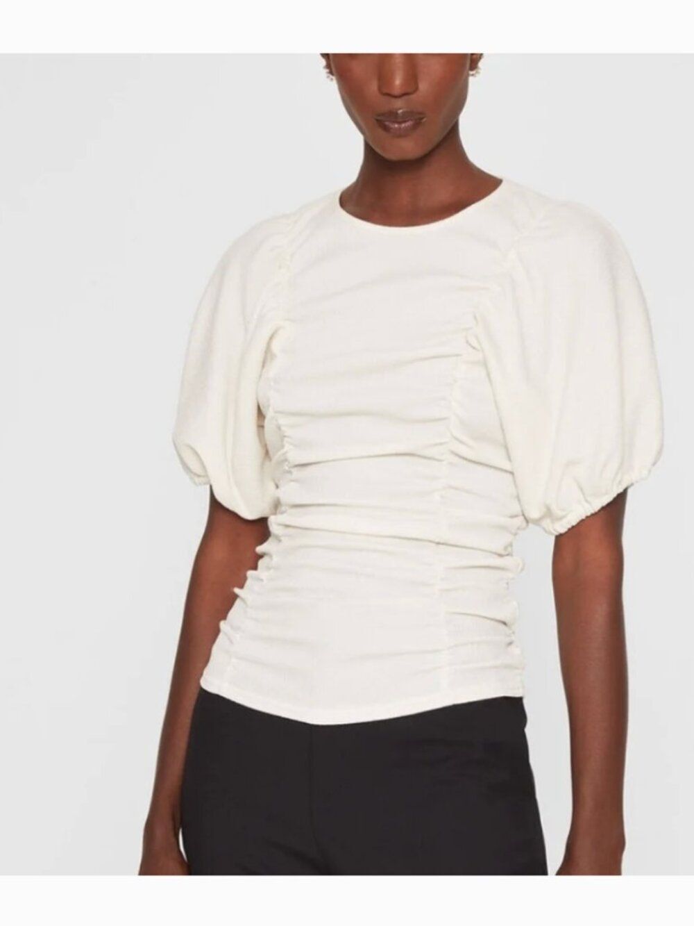 Club Monaco Ivory Ruched Puff Sleeve Keyhole Stretch Crepe Blouse Small